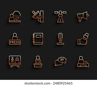 Set line Television report, Breaking news, Weather forecast, Speech bubble chat, Notebook, Journalist and Microphone icon. Vector