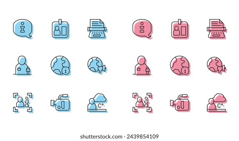 Set line Television report, Cinema camera, Information, Weather forecast, World news, Journalist and id card icon. Vector