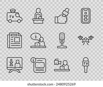 Informe de televisión, micrófono, noticias periodísticas, información, coche de Noticias de TV, Icono de Breaking and Drone. Vector