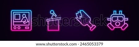 Set line Television report, Stage stand tribune, Broken bottle as weapon and Gas mask. Glowing neon icon. Vector