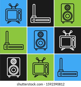 Set line Television, Stereo speaker  and Router and wi-fi signal  icon. Vector