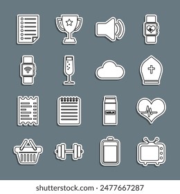 Set line Television tv, Heart rate, Pope hat, Speaker volume, Glass of champagne, Smartwatch with wireless, Document and Cloud icon. Vector