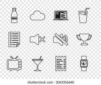 Set-line Fernsehen TV, Smart Uhr Herzschlag Rate, Medical klinische Rekord, Martini-Glas, Glasflasche Milch und Deckel, Lautsprecher Schlamm, Papier Finanzkontrolle und Trophy-Cup Symbol. Vektorgrafik
