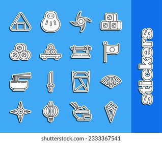 Set line Temaki roll, Paper chinese or japanese folding fan, National flag of Japan on pole, Japanese ninja shuriken, Sushi cutting board,  and Traditional katana icon. Vector