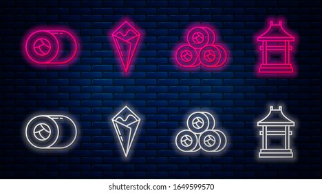 Set line Temaki roll, Sushi, Sushi and Japan Gate. Glowing neon icon on brick wall. Vector