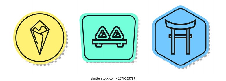 Set line Temaki roll, Sushi on cutting board and Japan Gate. Colored shapes. Vector