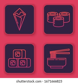 Set line Temaki roll, Sushi, Sushi and Asian noodles in bowl and chopsticks. Blue square button. Vector