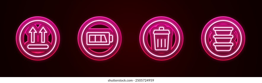 Set-Linie Temperatur waschen, Batterie, Mülleimer und Schüssel. Leuchtendes Neonsymbol. Vektorgrafik