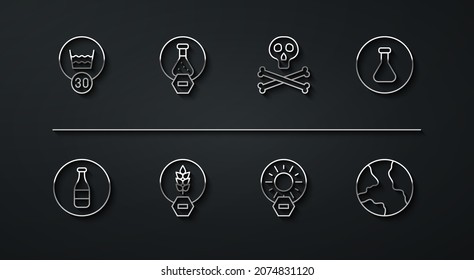 Set line Temperature wash, Bottle, Test tube and flask, No direct sunlight, Gluten free grain, Worldwide and Bones skull warning icon. Vector