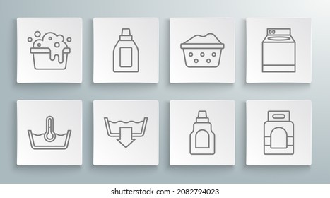 Set line Temperature wash, Bottle for cleaning agent, Washing modes, Laundry detergent, Basin with soap suds, Washer and  icon. Vector