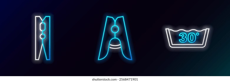 Set line Temperature wash, Clothes pin and  icon. Glowing neon. Vector