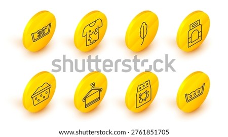 Set line Temperature wash, Laundry detergent, Towel on hanger, Basin with soap suds, Feather, Dirty t-shirt and  icon. Vector