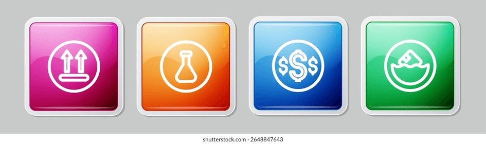 Set line Temperature wash, Test tube and flask, Dollar symbol and Carton cardboard box. Colorful square button. Vector