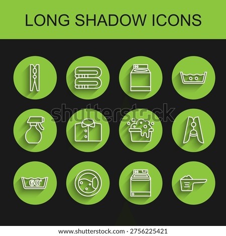 Set line Temperature wash, Washer, Clothes pin, Washing powder, T-shirt,  and Basin with soap suds icon. Vector