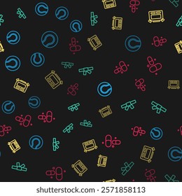 Set line Tennis ball, Black karate belt, Stopwatch and Vitamin pill on seamless pattern. Vector