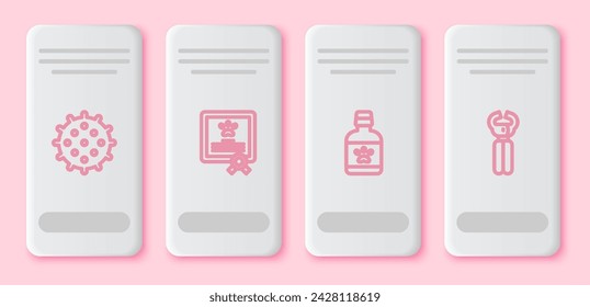 Set line Tennis ball, Certificate for dog or cat, Dog medicine bottle and Pet nail clippers. White rectangle button. Vector