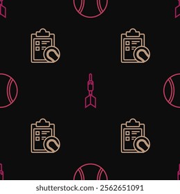 Set line Tennis ball, Checklist clipboard and tennis and Dart arrow on seamless pattern. Vector