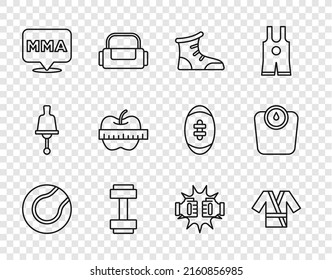 Set line Tennis ball, Japanese costume Kimono, Sport boxing shoes, Dumbbell, Fight club MMA, Apple and measuring tape, Punch gloves and Bathroom scales icon. Vector
