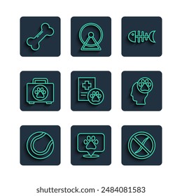 Set line Tennis ball, Location veterinary, Anti worms parasite, Fish skeleton, Clinical record pet, Pet first aid kit, Dog bone and Human with animals footprint icon. Vector