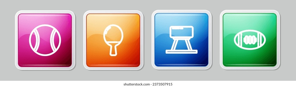 Set line Tennis ball, Racket for playing table tennis, Pommel horse and American Football. Colorful square button. Vector