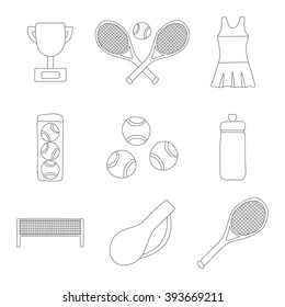 Set of line tennis icon: court, tennis racket, cup bottle, ball. Tennis championship concept. Vector tennis icons for sports design. Outdoor sport activity concept. Tennis competition cartoon icons