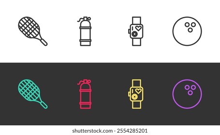 Set line Tennis racket, Aqualung, Smart watch showing heart beat rate and Bowling ball on black and white. Vector