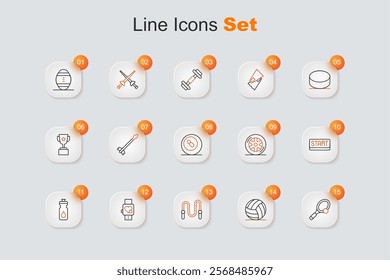 Set line Tennis racket with ball, Volleyball, Jump rope, Smart watch heart, Fitness shaker, Ribbon in finishing line, Car wheel and Billiard pool snooker icon. Vector