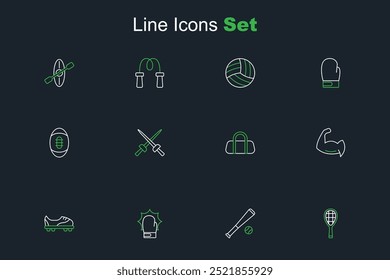 Set line Tennis racket, Baseball bat with ball, Punch in boxing gloves, Football shoes, Bodybuilder showing his muscles, Sport bag, Fencing and American icon. Vector
