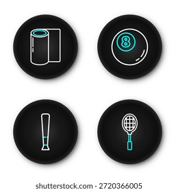 Raqueta de tenis, bate de béisbol, billar, billar, billar e icono de rollo de alfombra de fitness. Vector