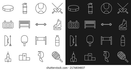 Set line Tennis racket, Bottle of water, Skates, ball, Ribbon in finishing line, Sport mechanical scoreboard, Hockey puck and Barbell icon. Vector
