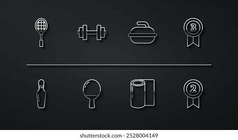 Definir linha Raquete de tênis, Pino de boliche, Medalha, Rolo de esteira de fitness, Raquete para jogar tênis de mesa, Dumbbell, e Pedra curling ícone do jogo de esporte. Vetor