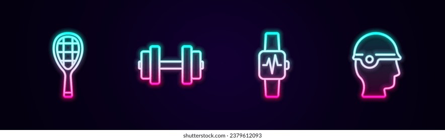 Set line Tennis racket, Dumbbell, Smart watch with heart and Baseball helmet. Glowing neon icon. Vector