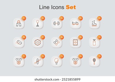 Set line Tennis racket, Medal, Golf ball on tee, Kayak and paddle, Punching bag, Football field and Dumbbell icon. Vector