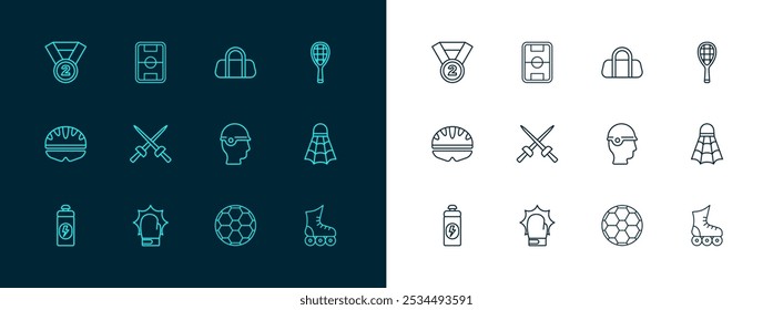 Set line Tennis racket, Punch in boxing gloves, Baseball helmet, Soccer football, Fencing, Sport bag, Medal and Football field icon. Vector