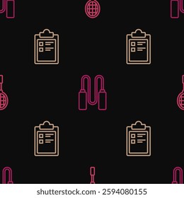 Set line Tennis racket, Sport training program and Jump rope on seamless pattern. Vector