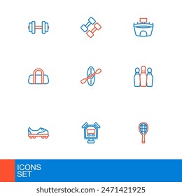 Set line Tennis racket, Stopwatch, Football shoes, Bowling pin, Sport bag, Kayak and paddle, Stadium and Dumbbell icon. Vector