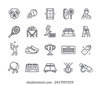 Set of line tennis related icons. Tennis player, racket, court, tennis ball and trophy. Professional sports. Design element for app or logo. Outline flat vector collection isolated on white background