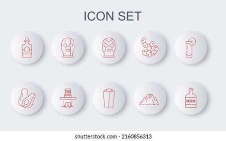 Set line Tequila bottle, Avocado fruit, Mexican wrestler, Volcano eruption with lava, man sombrero and Burrito icon. Vector