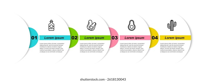 Definir linha garrafa de tequila, fruta abacate, e Cactus. Modelo de infográfico comercial. Vetor
