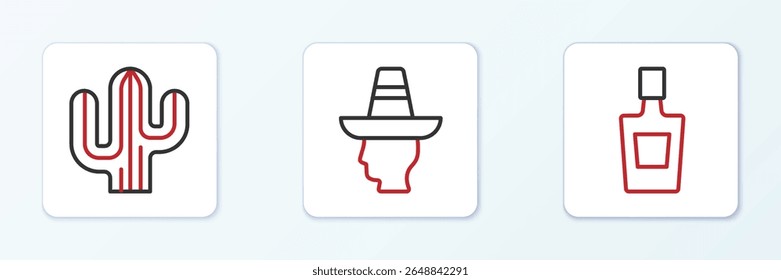 Set line Tequila bottle, Cactus and Mexican man sombrero icon. Vector