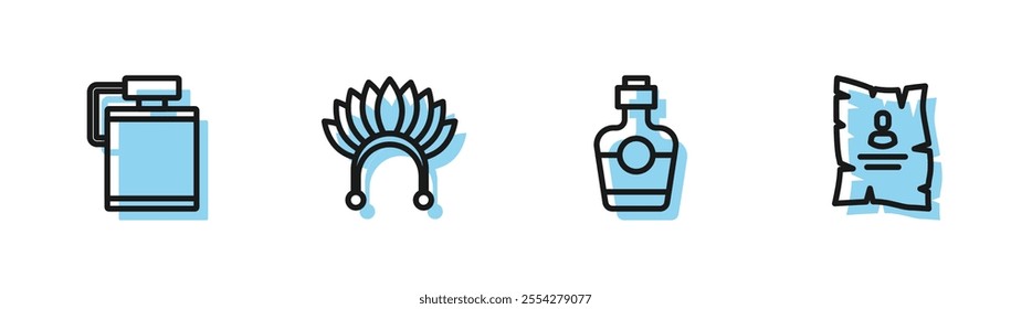 Set line Tequila bottle, Canteen water, Indian headdress with feathers and Wanted western poster icon. Vector