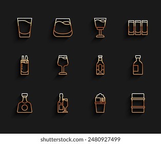 Set line Tequila bottle, Champagne and glass, Shot, Glass of beer, Metal keg, Wine, vodka and Beer icon. Vector