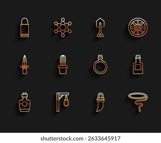 Set Linie Tequila Flasche, Galgen, Kugel, Zahn, Lasso, Kaktus Peyote in Topf, und Kantine Wasser-Symbol. Vektorgrafik