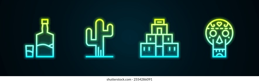 Set line Tequila bottle and glass, Cactus, Chichen Itza in Mayan and Mexican skull. Glowing neon icon. Vector