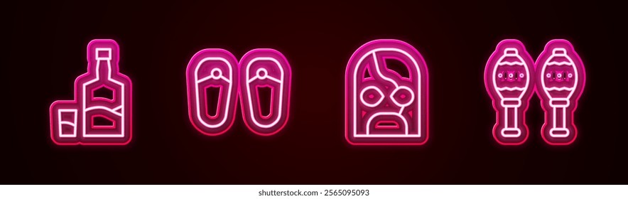 Set line Tequila bottle and glass, Flip flops, Mexican wrestler and Maracas. Glowing neon icon. Vector