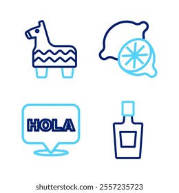 Set line Tequila bottle, Hola, Lime and Pinata icon. Vector