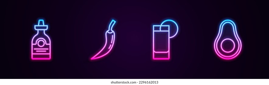 Set line Tequila bottle, Hot chili pepper pod, glass with lemon and Avocado fruit. Glowing neon icon. Vector