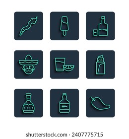 Set line Tequila bottle, Hot chili pepper pod, and glass, with lemon, Mexican man sombrero, Snake and Burrito icon. Vector