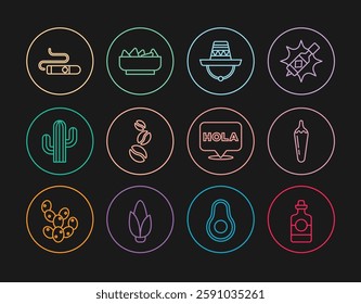 Set line Tequila bottle, Hot chili pepper pod, Mexican sombrero, Coffee beans, Cactus, Cigar, Hola and Nachos in bowl icon. Vector