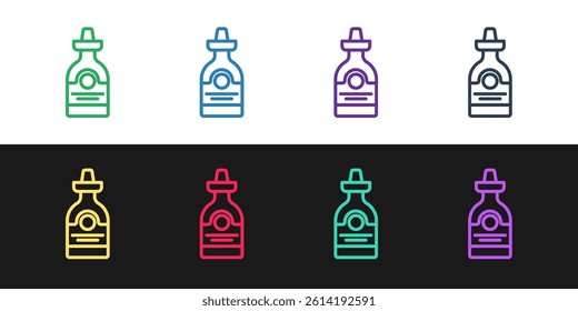 Set line Tequila bottle icon isolated on black and white background. Mexican alcohol drink.  Vector